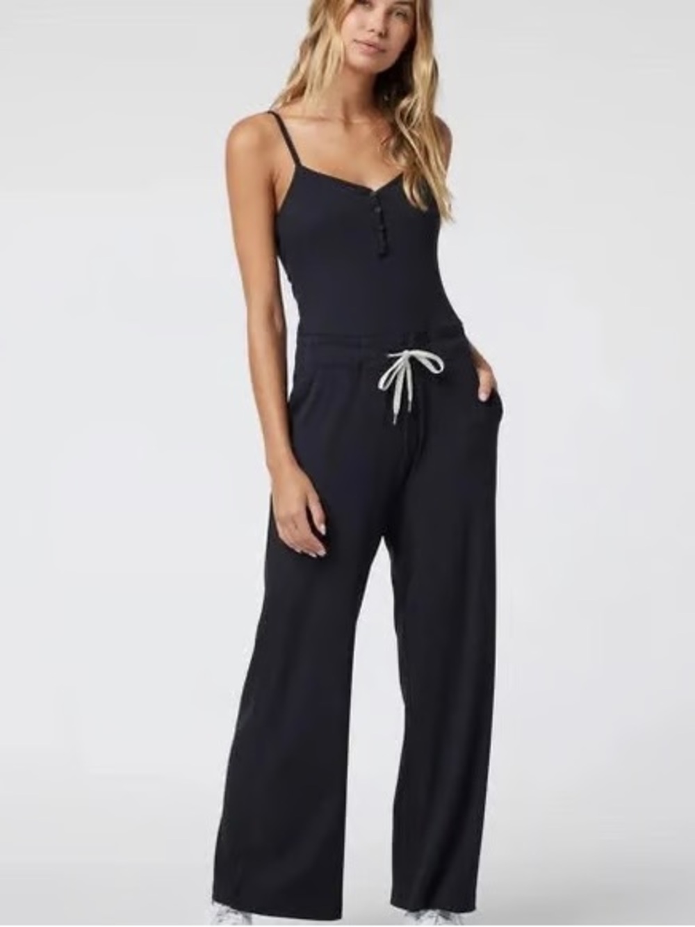 Vuori Black Ribbed Jumpsuit with Drawstring Detail